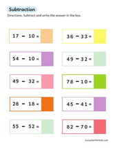 Two digit numbers subtraction sheet